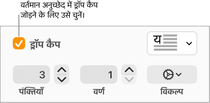 ड्रॉप कैप चेकबॉक्स चुना जाता है, और उसके दाईं ओर पॉप-अप मेनू दिखाई देता है; पंक्ति ऊँचाई, वर्णों की संख्या के नियंत्रण और अन्य विकल्प उसके नीचे दिखाई देते हैं।