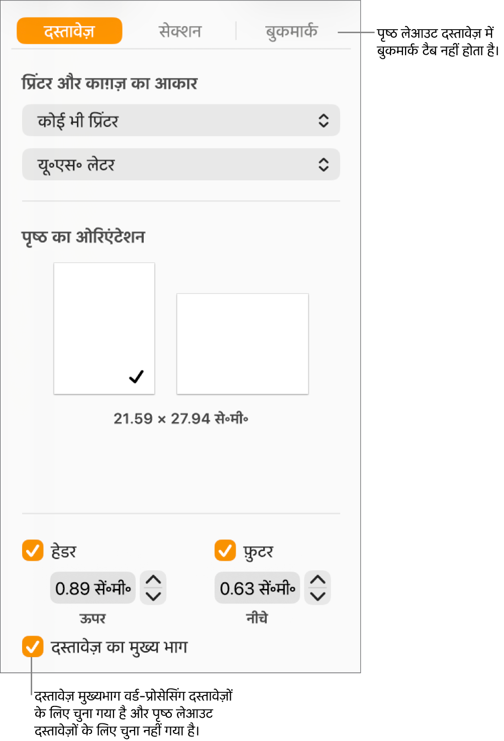 शीर्ष पर दस्तावेज़, सेक्शन और बुकमार्क टैब के साथ फ़ॉर्मैट साइडबार। दस्तावेज़ टैब चुना जाता है और बुकमार्क टैब का कालआउट कहता है कि पृष्ठ लेआउट दस्तावेज़ों में बुकमार्क टैब नहीं होता है। दस्तावेज़ मुख्यभाग चेकबॉक्स चुना जाता है, जो इस बात का भी संकेत देता है कि यह एक वर्ड-प्रोसेसिंग दस्तावेज़ है।
