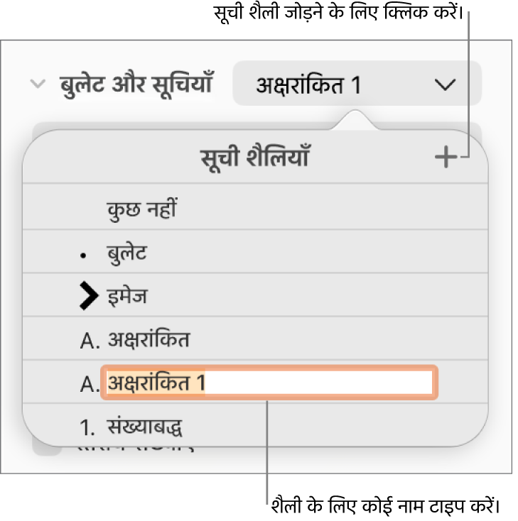 शीर्ष-दाएँ कोने में “जोड़ें” बटन के साथ “सूची शैली” मेनू और अपने चुने गए टेक्स्ट के साथ एक प्लेसहोल्डर शैली नाम।