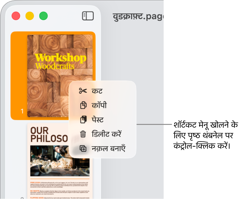 एक चुने गए थंबनेल और खुले शॉर्टकट मेनू के साथ पृष्ठ थंबनेल दृश्य।