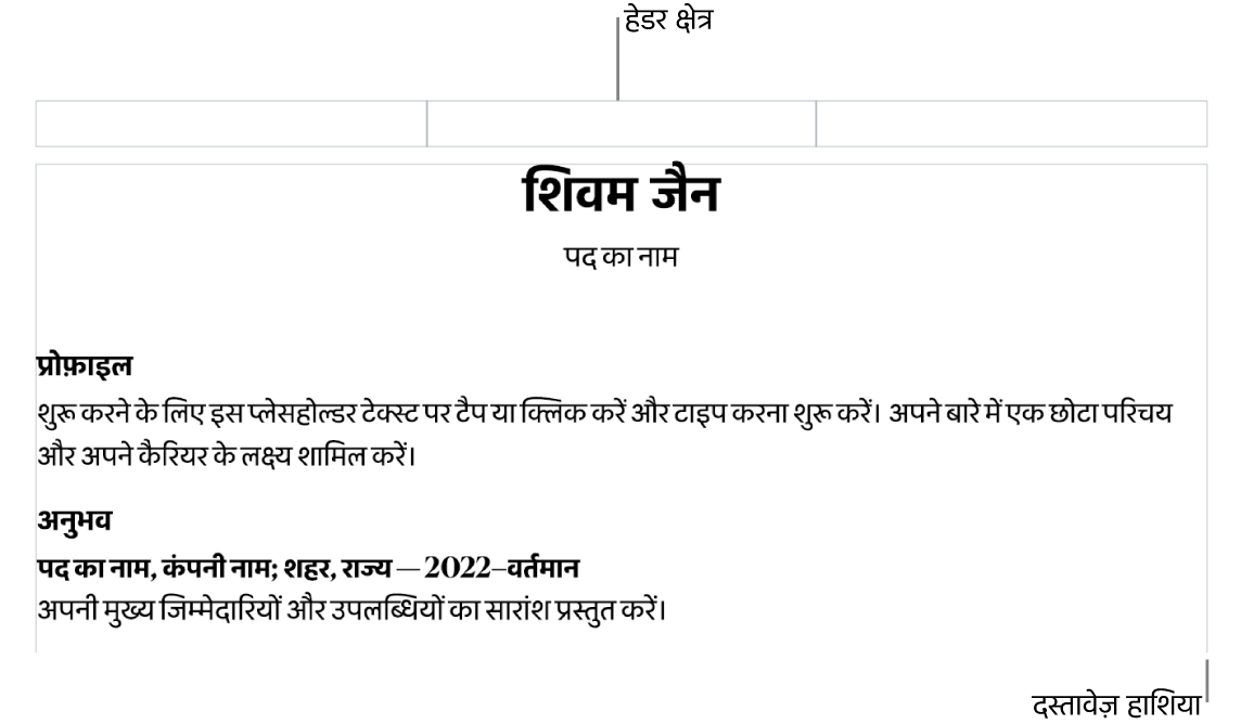 हेडर क्षेत्र और दस्तावेज़ हाशिए दर्शा रहा लेआउट दृश्य।