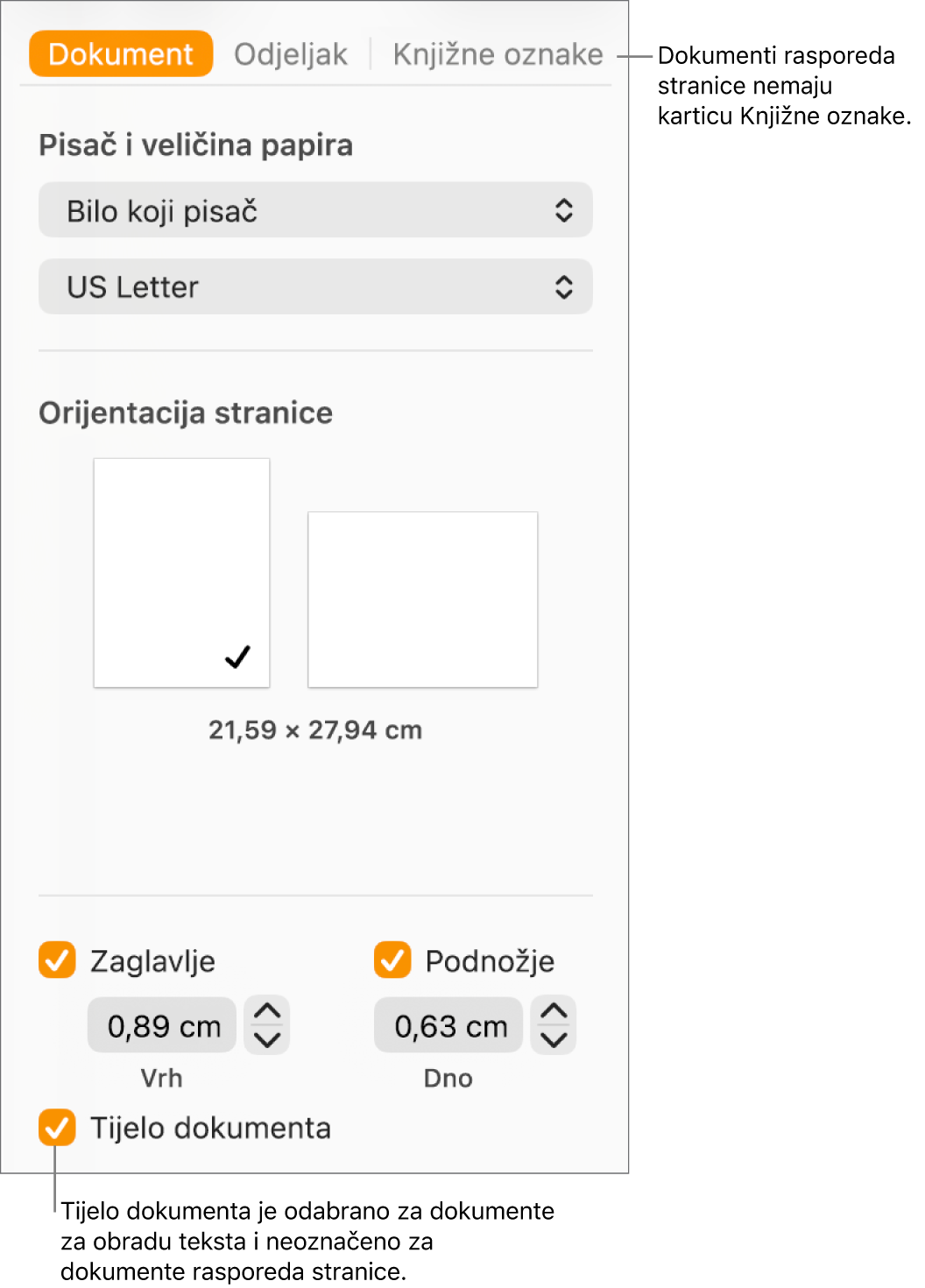 Rubni stupac Formatiraj s karticama Dokument, Odjeljak i Knjižne oznake na vrhu. Kartica Dokument je odabrana i u oblačiću na karticu Knjižne oznake piše da dokumenti s rasporedom stranica nemaju karticu Knjižne oznake. Odabrana je potvrdna kućica za Tijelo dokumenta koja također pokazuje da je ovo dokument za obradu teksta.
