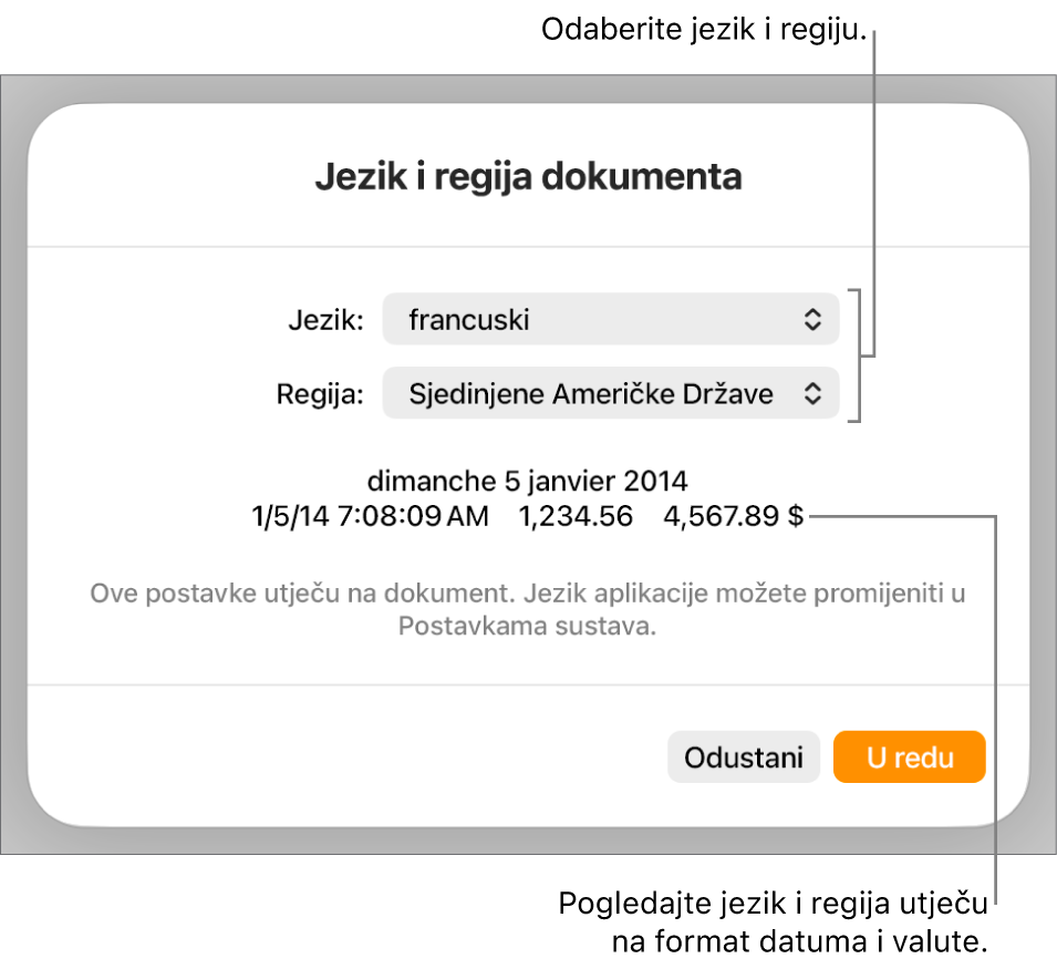 Prozor Jezik i regija s kontrolama za jezik i regiju te primjer formatiranja uključujući datum, vrijeme, decimalu i valutu.