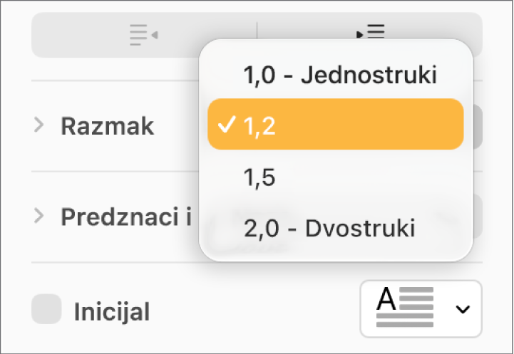 Skočni izbornik Razmak s opcijama Jednostruki, Dvostruki i drugim opcijama.