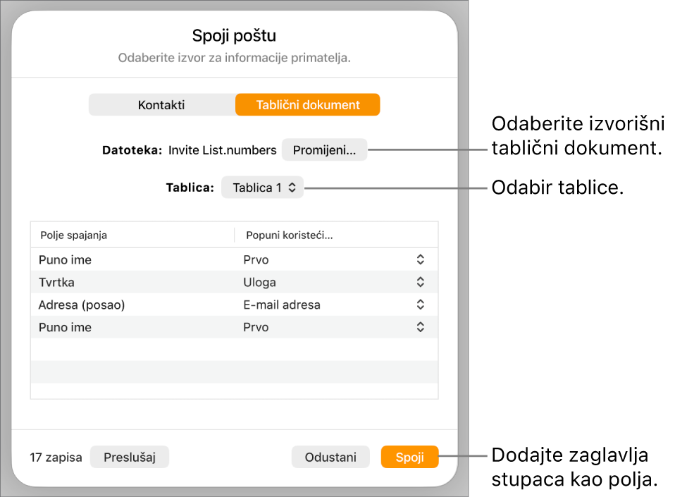 Otvoren je prozor pretpregleda polja spajanja, s opcijama za promjenu izvorišne datoteke ili tablice, pretpregled naziva polja spajanja ili dodavanje zaglavlja stupaca kao polja.