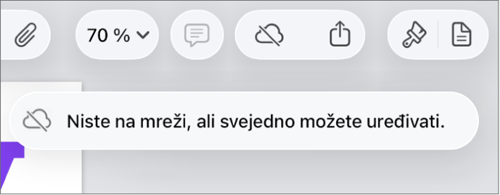 Tipke pri vrhu zaslona, s tipkom Suradnja koja se promijenila u oblak s dijagonalnom linijom kroz njega. U upozorenju na zaslonu piše “Niste na mreži, ali još uvijek možete uređivati.”
