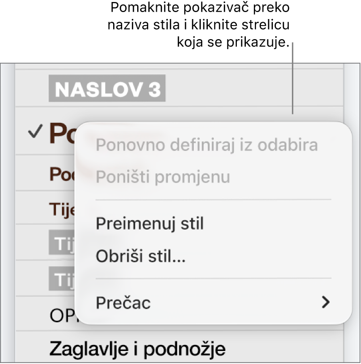 Izbornik stilova paragrafa s otvorenim izbornikom prečaca.
