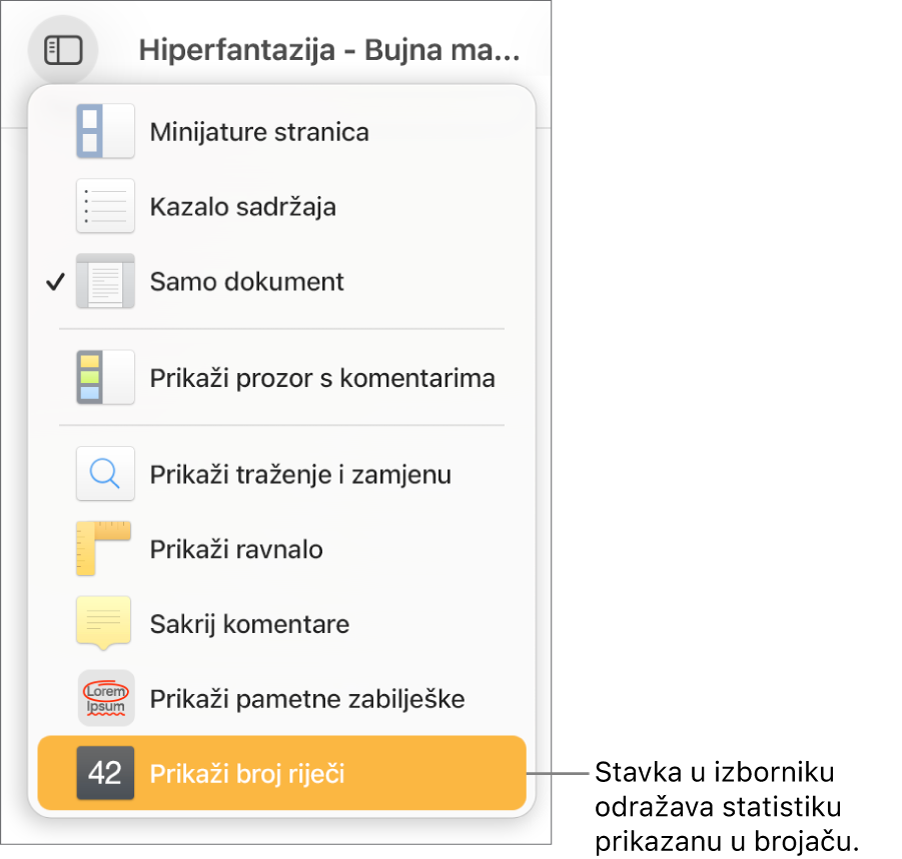 Izbornik Prikaz otvoren s opcijom Prikaži broj znakova pri dnu.