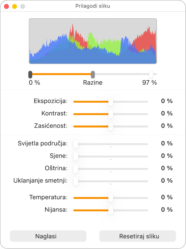 Prozor Podesi sliku s kliznicima za podešavanje ekspozicije, kontrasta, zasićenosti, isticanja, sjena, oštrine, uklanjanja smetnji, temperature i nijanse.