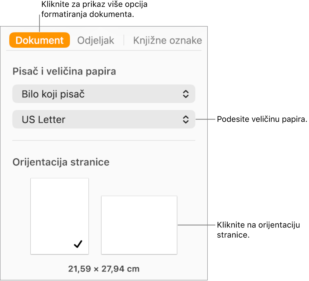 Rubni stupac Dokumenta s odabranom karticom Dokument pri vrhu rubnog stupca. U rubnom se stupcu nalazi skočni izbornik za podešavanje veličine papire te tipke za portretnu i pejzažnu orijentaciju stranice.