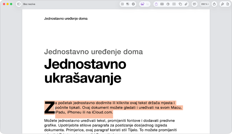 U otvorenom dokumentu s odabranim tekstom držača mjesta predloška.