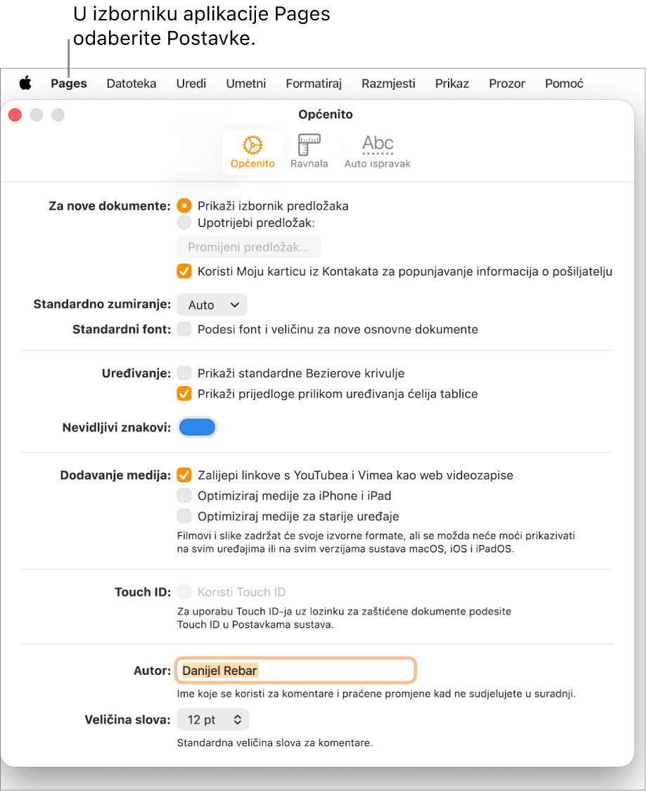 Prozor postavki aplikacije Pages otvara se na prozor Općenito, s postavkama za nove dokumente, zadano zumiranje i font, uređivanje, jednadžbe, nevidljive stavke, dodavanje medija, Touch ID, ime autora i zadanu veličinu teksta.