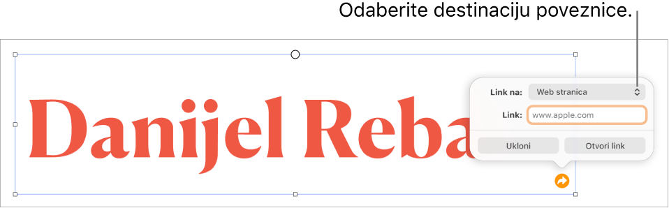 Kontrole urednika linka s odabranom opcijom Web stranica, tipke Ukloni i Otvori link nalaze se na dnu.
