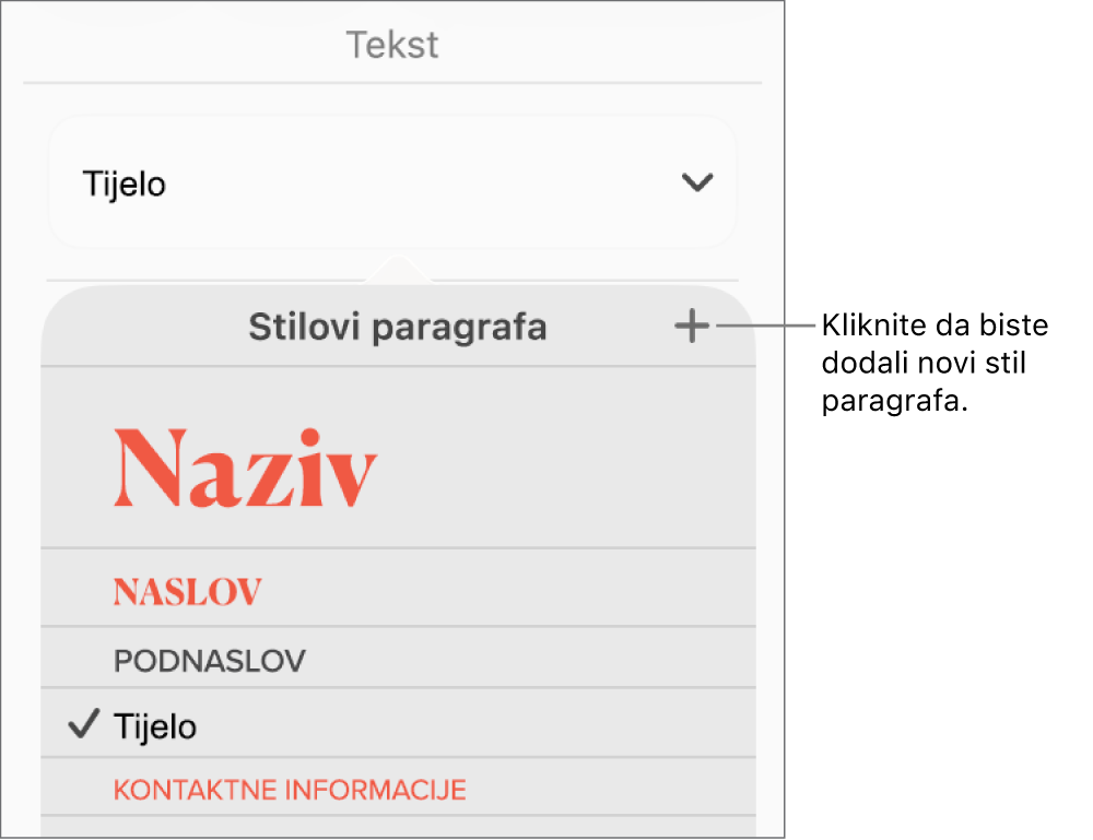 Izbornik stilova paragrafa s oblačićem za tipku Novi stil.