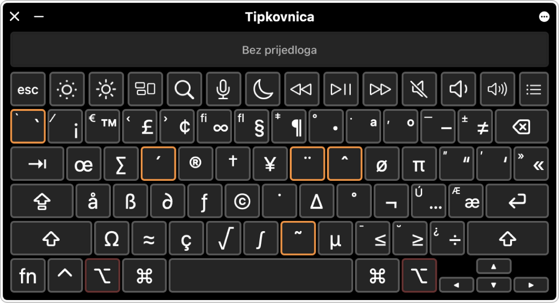 Preglednik tipkovnice otvoren s istaknutim mrtvim tipkama.