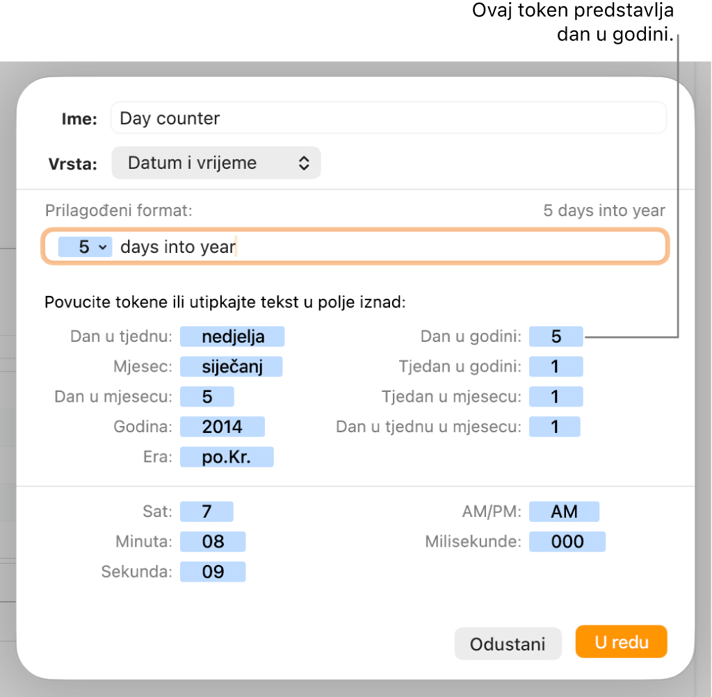 Prozor prilagođenog formata ćelije s kontrolama za odabir prilagođenog formatiranja datuma i vremena.