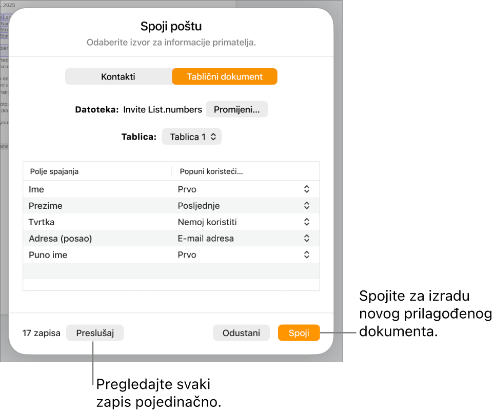 Otvoren je prozor spajanja pošte, s opcijama za promjenu izvorišne datoteke ili tablice, pretpregled naziva polja spajanja ili pojedinačnih zapisa ili spajanje dokumenta.