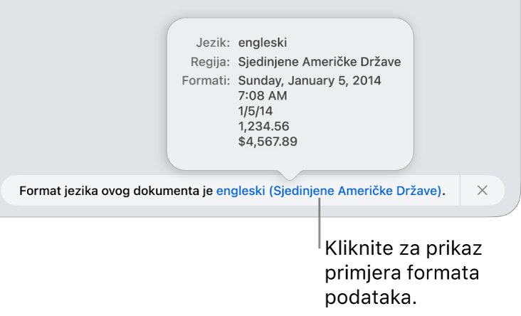 Obavijest o postavci drugog jezika i regije, pokazuje primjere formatiranja na tom jeziku i u toj regiji.