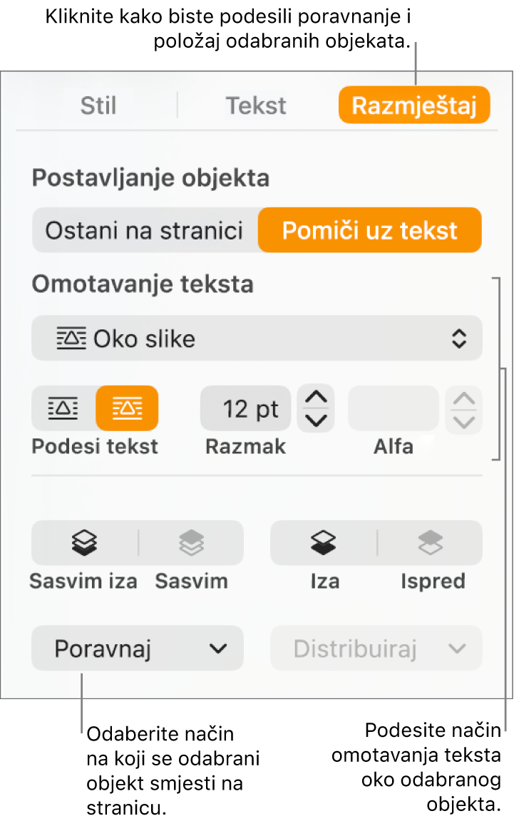 Izbornik Formatiraj s prikazanim rubnim stupcem Razmjesti. Postavke Smještanje objekta nalaze se pri vrhu rubnog stupca Razmjesti, s postavkama za Omatanje teksta.