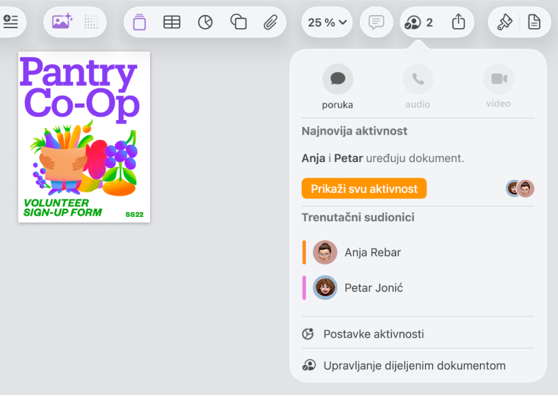 Izbornik suradnje prikazuje imena ljudi koji surađuju na dokumentu.