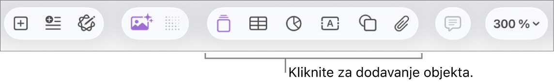 Alatna traka aplikacije Pages s tipkama Umetni, Tablica, Grafikon, Tekst, Oblik i Mediji.