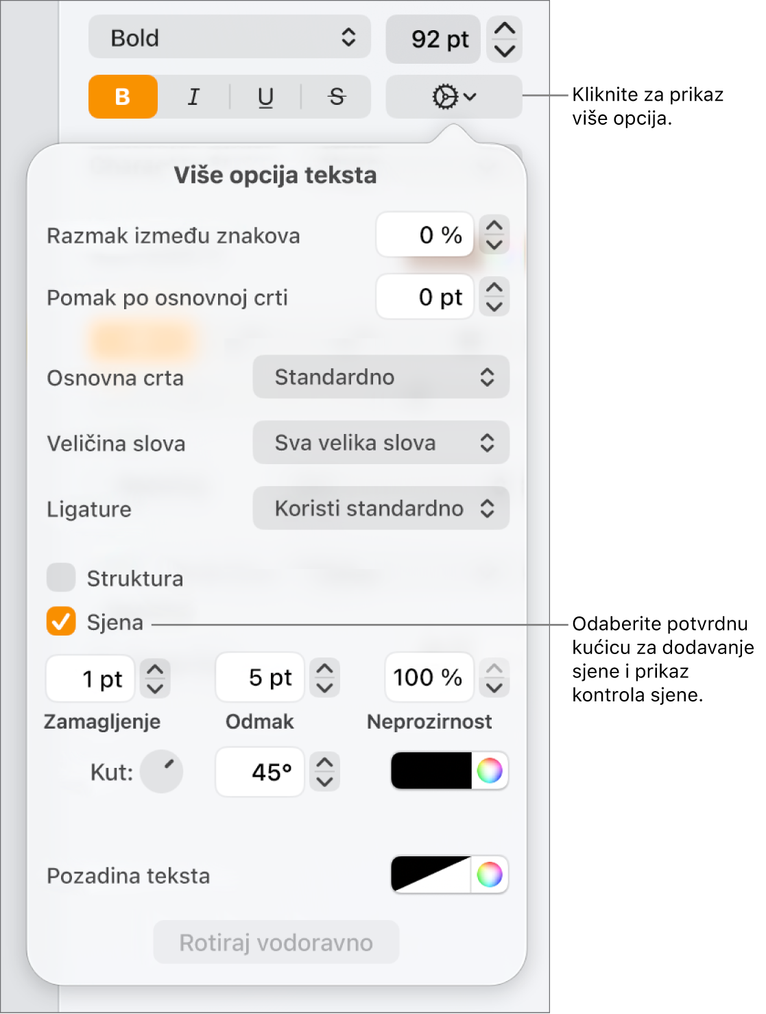 Izbornik Napredne opcije otvoren s odabranom kućicom Sjene i kontrole za podešavanje zamagljenja, otklona, neprozirnosti, kuta i boje.