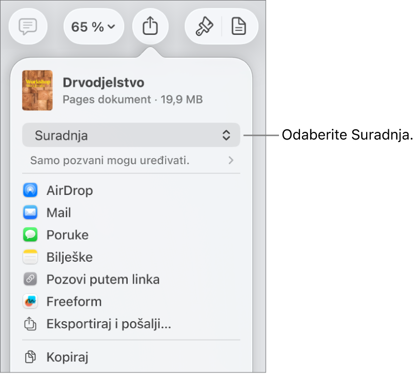 Izbornik dijeljenja s opcijom Suradnja odabran na vrhu i postavke pristupa i dozvola ispod.