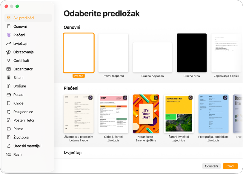 Izbornik predložaka. U rubnom stupcu s lijeve strane nalazi se popis kategorija predložaka koje možete kliknuti za filtriranje opcija. S desne strane nalaze se minijature prethodno dizajniranih predložaka u retcima po kategoriji. Tipke Poništi i Izradi nalaze se u donjem desnom kutu.