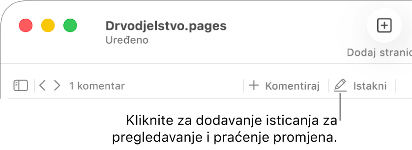 Traka s izbornikom u kojoj se prikazuje izbornik Umetni i, ispod nje, alatna traka aplikacije Pages s prikazanim alatima za pregled te balončićem za tipku Označi.