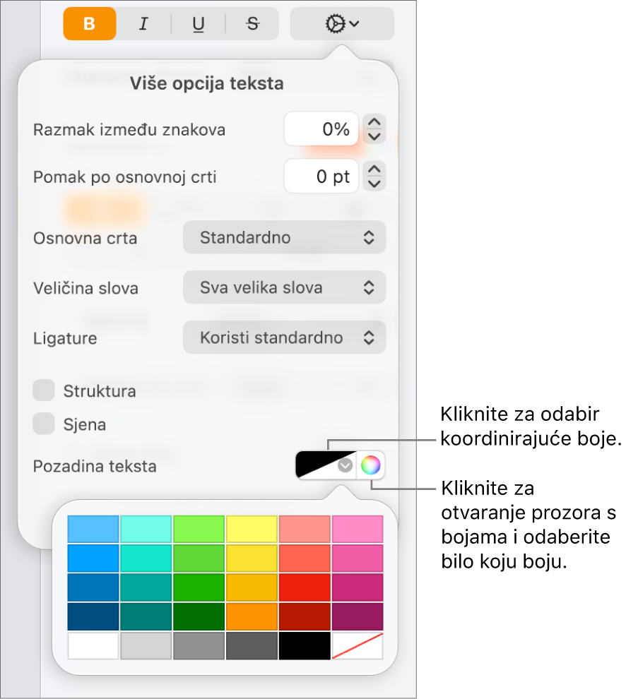 Kontrole za odabir boje pozadine za tekst.