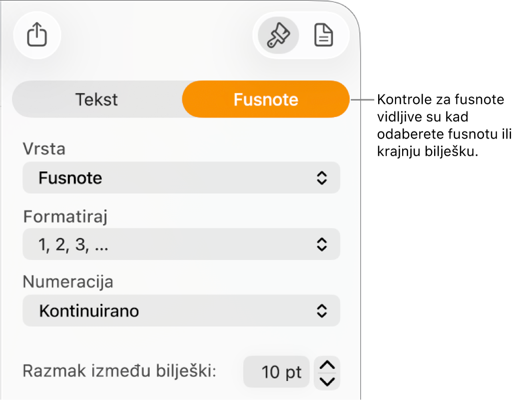Prozor Fusnote s prikazom skočnih izbornika za stavke Vrsta, Format, Numeriranje i prostorom između bilješki.