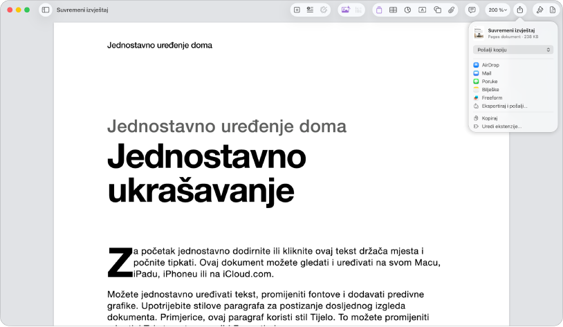 Otvorite dokument s otvorenim izbornikom Dijeli.