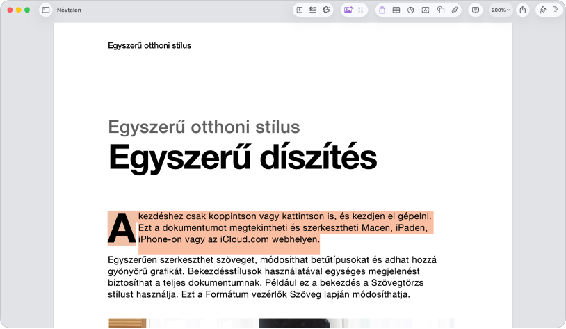 Egy megnyitott dokumentum a sablon kijelölt helyőrző szövegével.