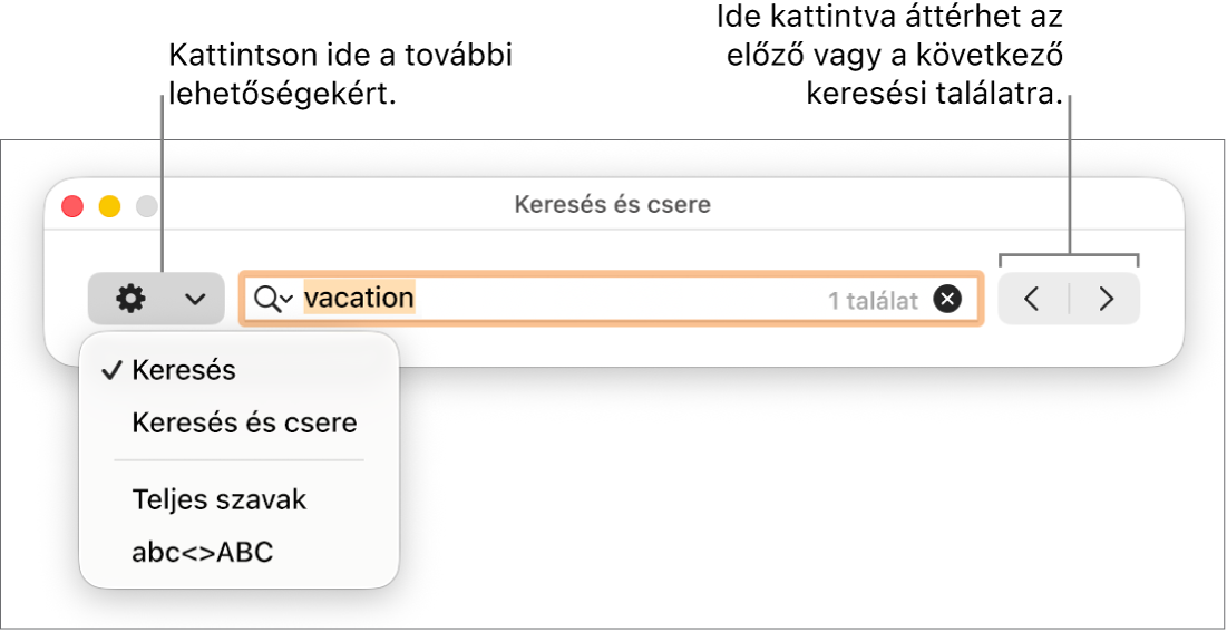 A Keresés és csere ablak a Keresés, Keresés és csere, Teljes szavak és az abc<>ABC beállításokat megjelenítő felugró menüvel. A jobb oldalon látható nyilak segítségével átugorhat a következő vagy az előző keresési eredményekre.
