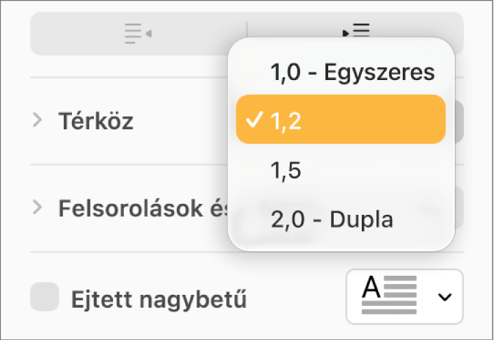 A Térköz előugró menü a Szimpla, Dupla és más beállításokkal.