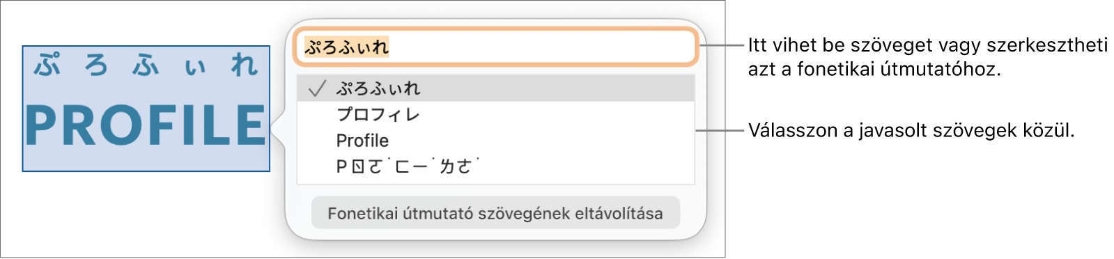 A fonetikai útmutató egy szóra megnyitva, a szövegmezőre és a javasolt szövegre vonatkozó ábrafeliratokkal.
