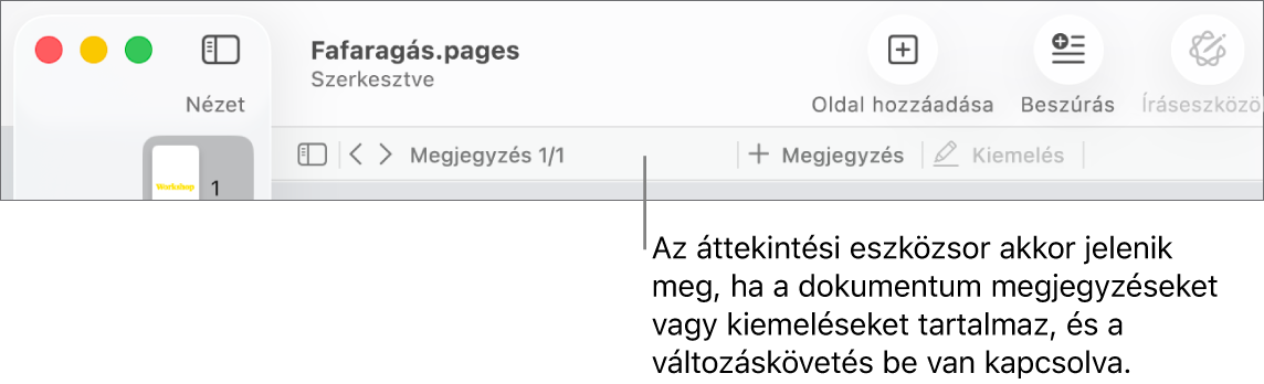 A képernyő tetején a Pages-eszközsor látható a Nézet, a Nagyítás, az Oldal hozzáadása, a Beszúrás, a Táblázat, a Diagram, a Szöveg, az Alakzat, a Média és a Megjegyzés gombokkal. A Pages-eszközsor alatt az áttekintési eszközsor látható a bejegyzések megjelenítése és elrejtése gombokkal, a következő és előző megjegyzésekre ugró nyilakkal, a megjegyzések számával, illetve a megjegyzés hozzáadása vagy a kiemelés gombokkal.