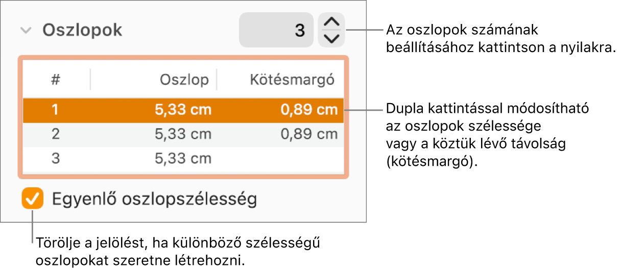 A Formátumvizsgáló Elrendezés panelje az oszlopok vezérlőivel.