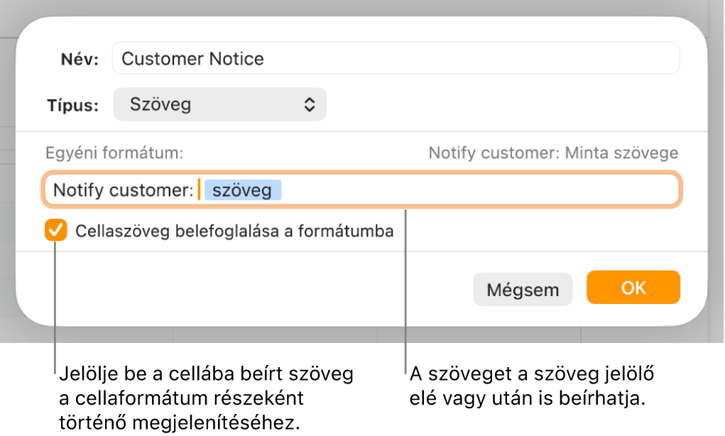 Az Egyéni cellaformátum-ablak az egyéni szövegformázások kiválasztására szolgáló vezérlőkkel.
