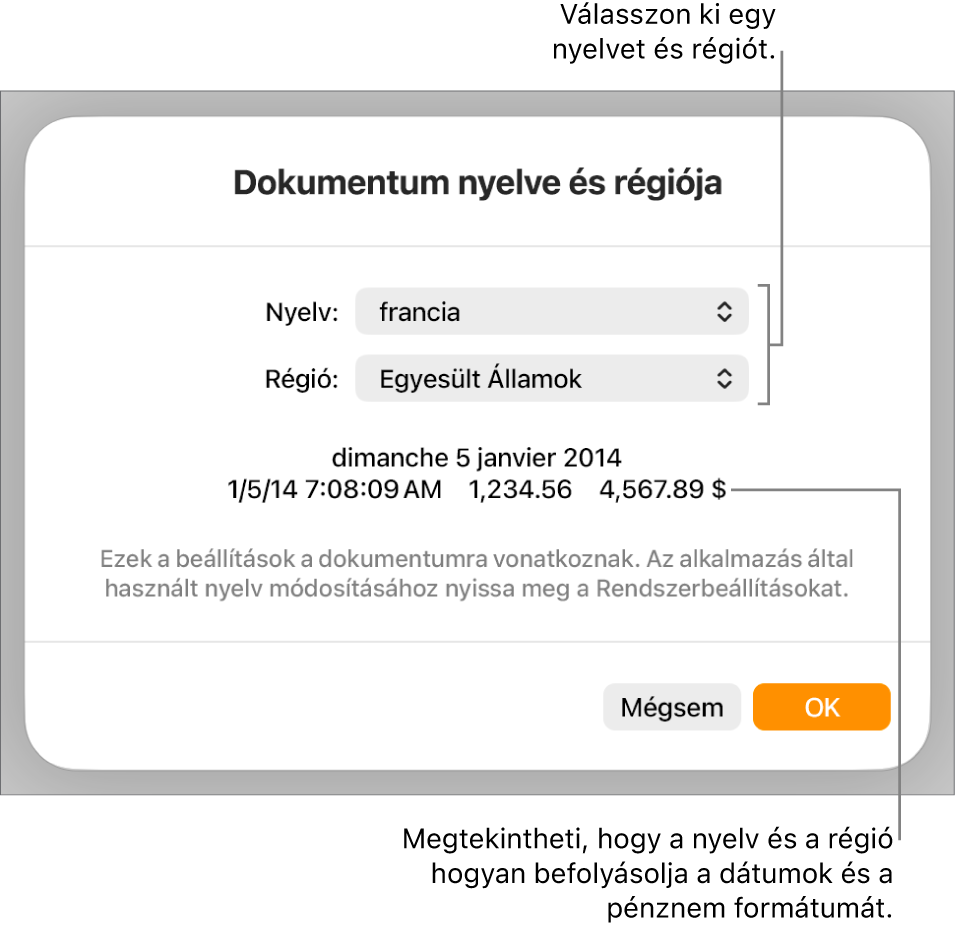 A Nyelv és régió panel a nyelv és a régió vezérlőivel, valamint egy formátumot bemutató példával, amely tartalmazza a dátum, az idő, a tizedesek és a pénznem formátumát.