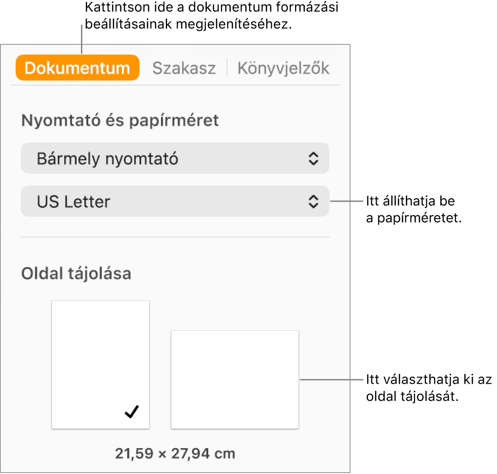 A Dokumentum oldalsáv az oldalsáv tetején kijelölt Dokumentum lappal. Az oldalsávon a papírméret beállítására szolgáló előugró menü, valamint az oldal álló és fekvő tájolásának kiválasztására szolgáló gombok láthatók.