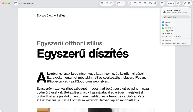 Egy megnyitott dokumentum a megnyitott Megosztás menüvel.
