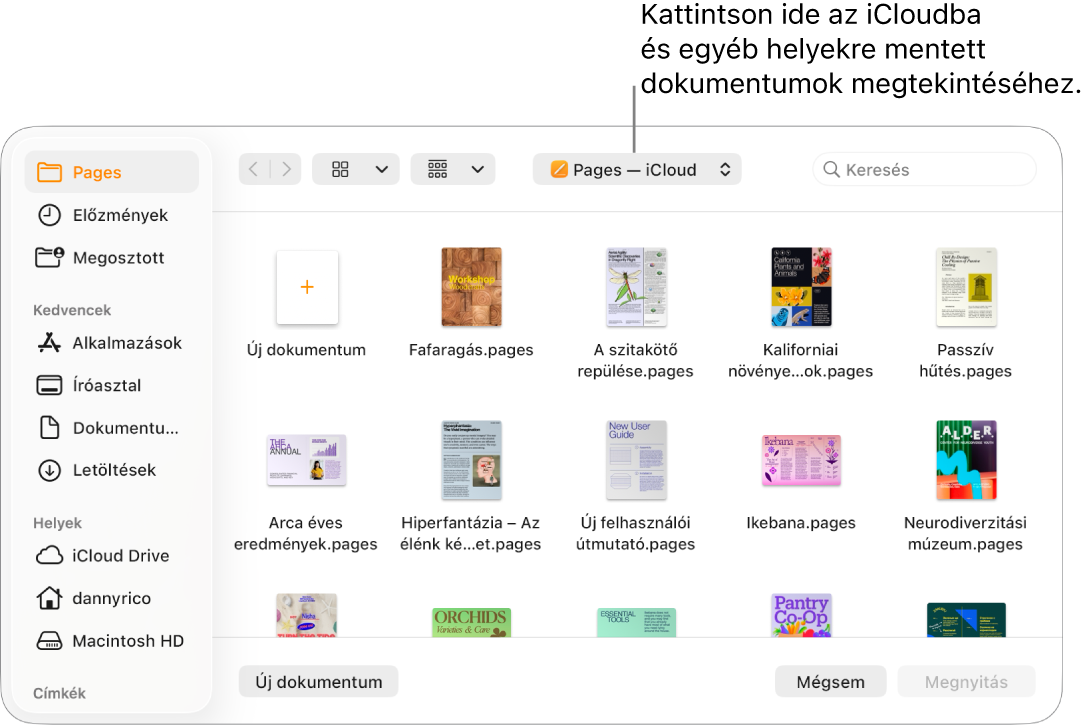 A Megnyitás párbeszédpanel megnyitott oldalsávval a bal oldalon és a felugró menüben kijelölt iCloud Drive-val a felső részen. A párbeszédablakban megjelenik a Pages mappa egy Új dokumentum gombbal.