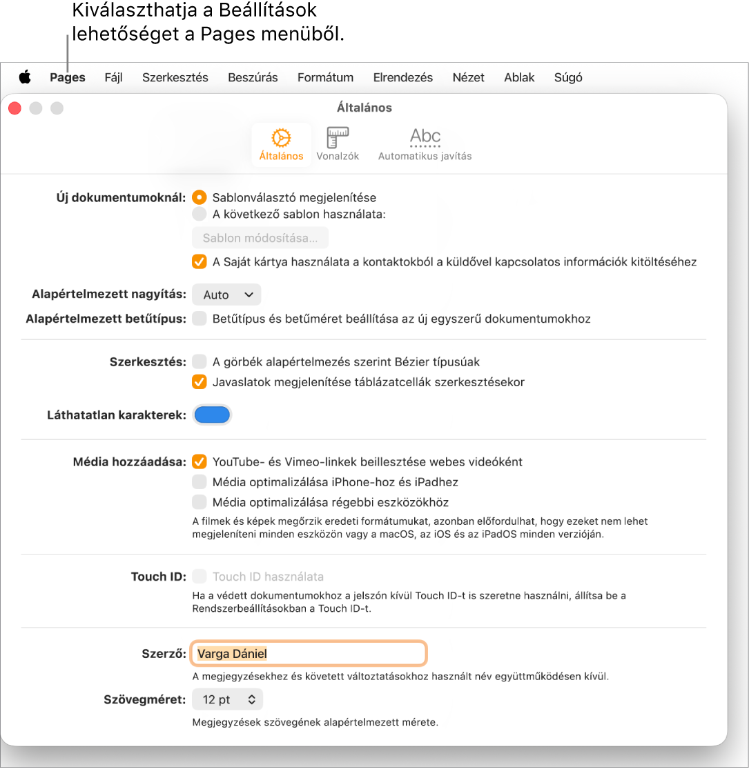 A Pages Beállítások panelje a megnyitott Általános lappal.