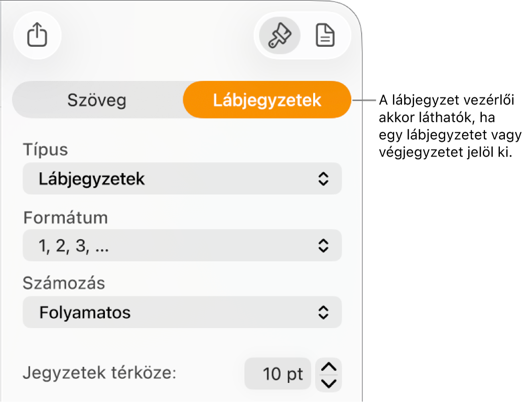 A Lábjegyzetek panel a Típus, a Formátum, a Számozás és a Jegyzetek térköze legördülő menüvel.