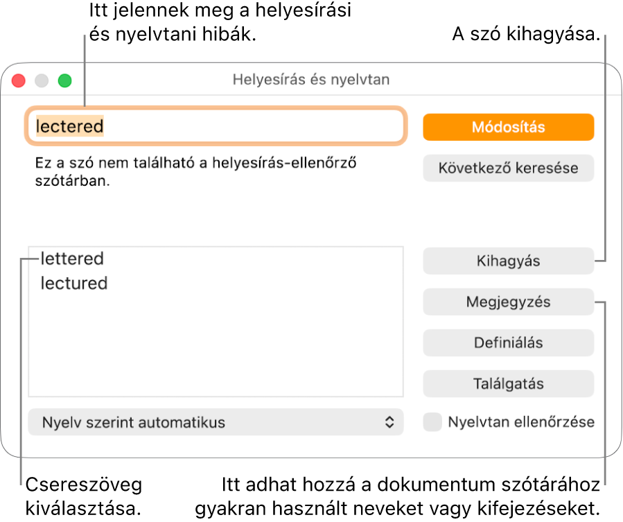 A Helyesírás és nyelvtan ablak.
