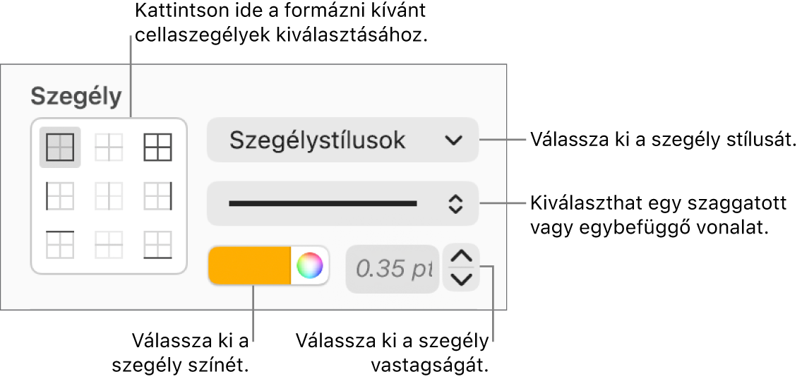 Vezérlők a cellaszegélyek stílusának beállításához.
