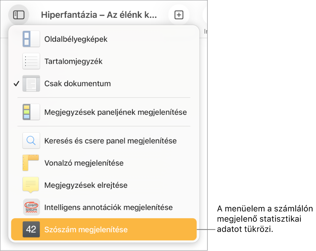 A megnyitott Nézet menü, amelynek alján a Karakterszám megjelenítése elem látható.