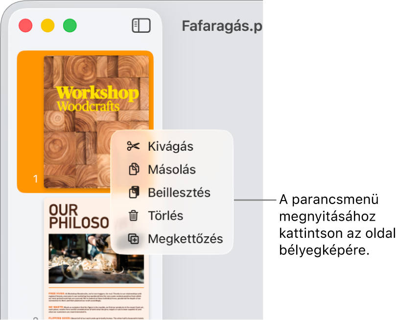 Oldalbélyegképek nézete egy kijelölt bélyegképpel és a megnyitott helyi menüvel.