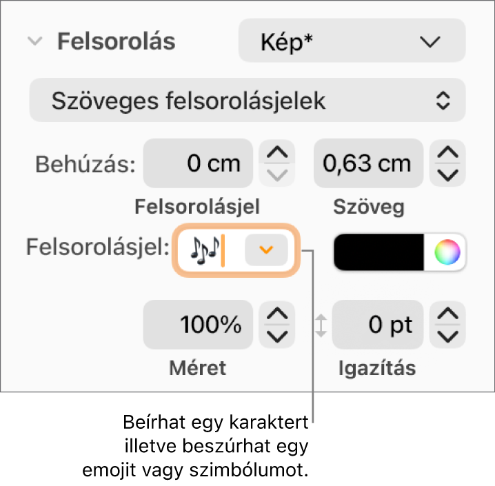 A Formátum oldalsáv Felsorolásjelek és listák szakasza. A Felsorolások mező egy virág emojival